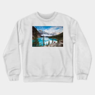 Man Sitting Near Moraine Lake Banff National Park Crewneck Sweatshirt